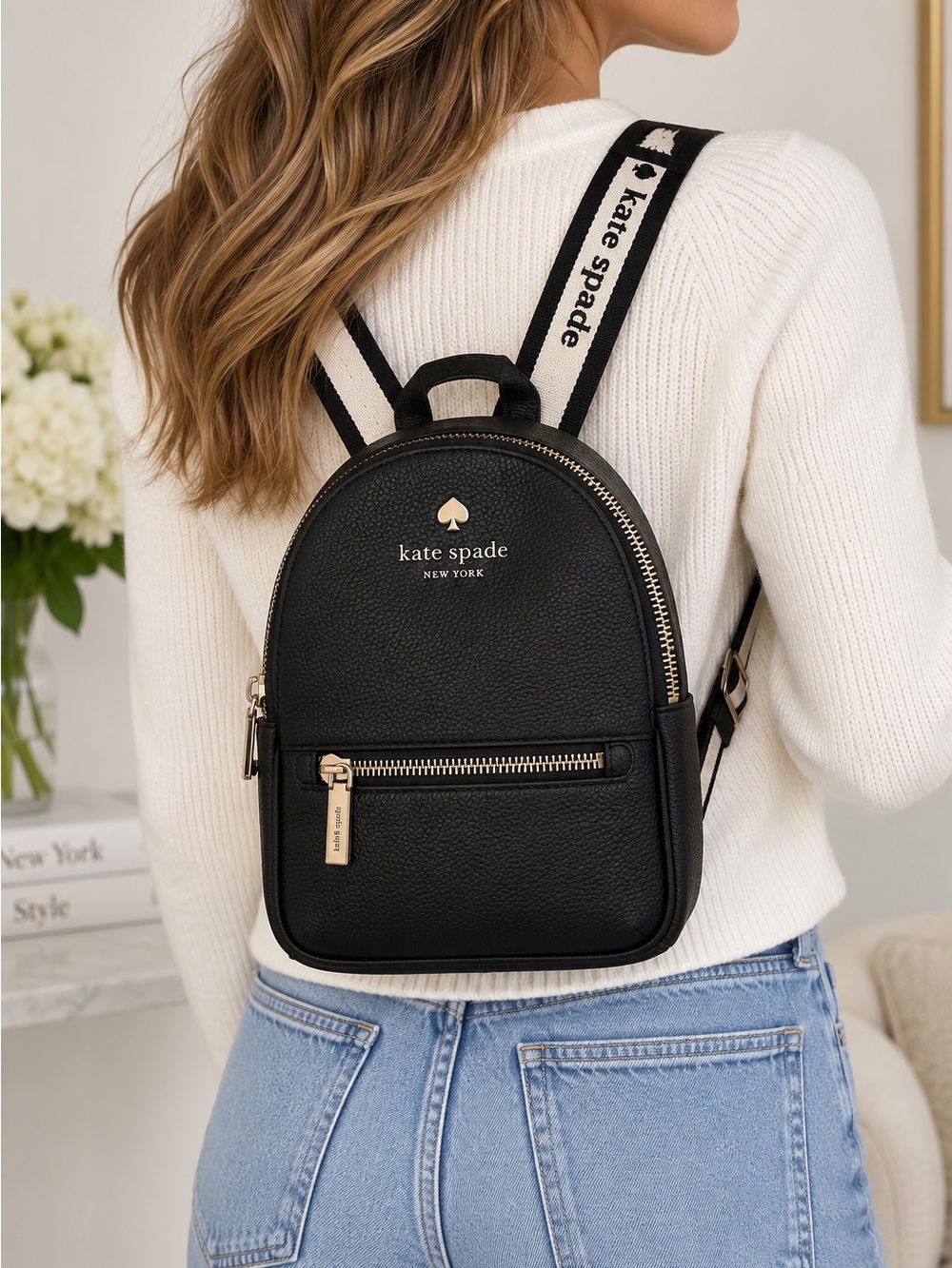 NWOT Kate Spade Black Pebbled Leather Mini Convertible Backpack Logo Strap